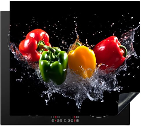KitchenYeah© Herdabdeckplatte Einteilig Ceranfeld Abdeckplatte für | 59x52 cm - Induktionsschutz Ceranfeldabdeckung Vinyl Herdabdeckplatten Paprika - Wasser - Gemüse - Schwarz
