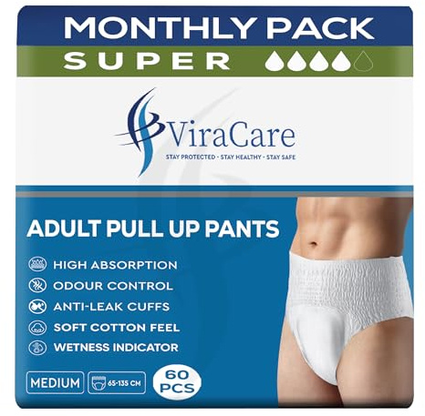 60 x Incontinence Pants Men & Women | with Wetness Indicator & Soft-Stretch Waistband | Adult Nappies | Waist Size Medium 65-135 cm | Adult Diapers | (Medium)