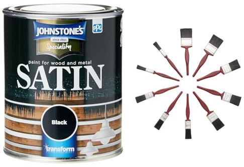 Johnstone's 307961 Satin Black, 750 ml & Fit For The Job 10 pc Mixed Sizes Paint Brush Set for a Smooth Finish with Emulsion, Gloss, Satin on Walls, Ceilings