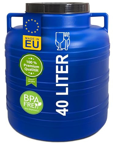 plasteo® Barril de boca ancha de 40 litros con tapa y asa, redondo, azul, apto para alimentos y sin BPA, barril de plástico universal, con tapa, barril de agua, barril de lluvia, barril de