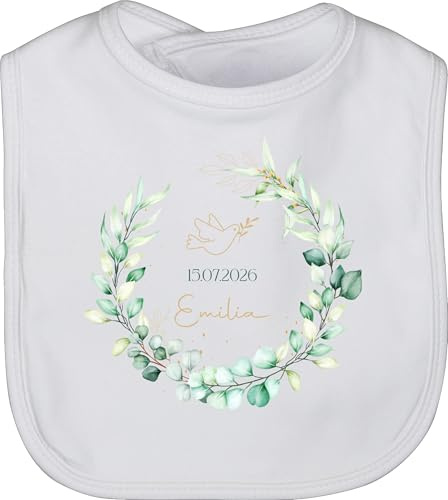 Baby Lätzchen - Taufe | Personalisierbares Motiv mit Taube und Eukalyptuskranz | Name und Datum - Unisize - Weiß - konfirmation taufe￼ taufgeschenke eukalyptus taufgeschenk zur kommunion