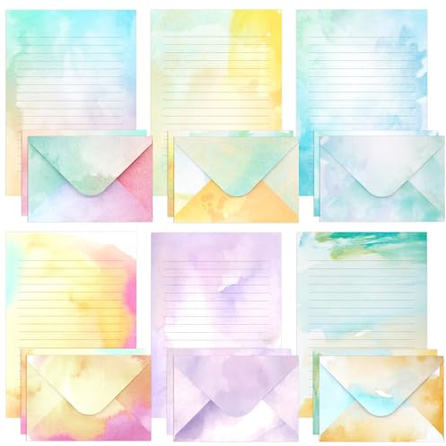 Set di 24 fogli colorati di carta da lettere e buste per acquerello, con 12 buste, graziosi stili ad acquerello, design stampato per lettere d'amore, inviti per feste