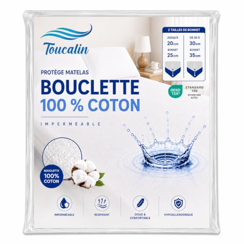 Protège-Matelas Imperméable 90x190/200 Toucalin – Bouclette 100% Coton | Doux et respirant – Bonnet 35 cm pour matelas de 20 à 30 cm – Protection imperméable et confortable