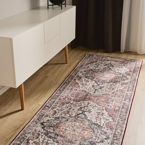 benuta Basic Waschbarer Teppich George - Multicolor/Rot 80x240 cm - Kunstfaser - Läufer & im Style: Vintage, Elegant, Retro - Pflegeleicht für Wohnzimmer Schlafzimmer Flur