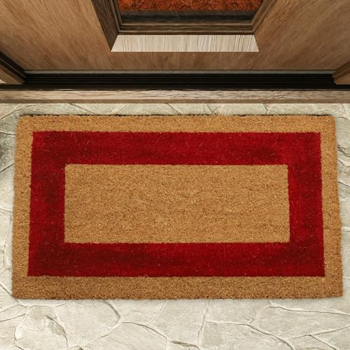 TECHZOCO Felpudo de Coco, Alfombra de Entrada de casa, Felpudo ecológico de Fibra de Coco, Alfombrilla de Entrada, Tapete de Bienvenida, 100% Coco, Naturales sostenibles Cenefa Rojo, 40 x 60 cm