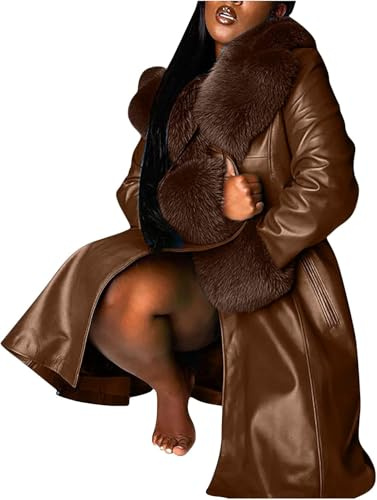 Yancremio Damen Winter PU Mantel Mode Revers Langarm einreihig lässig überdimensioniert Kunstpelz Kragen Mantel Outdoor Winddicht warmen Mantel