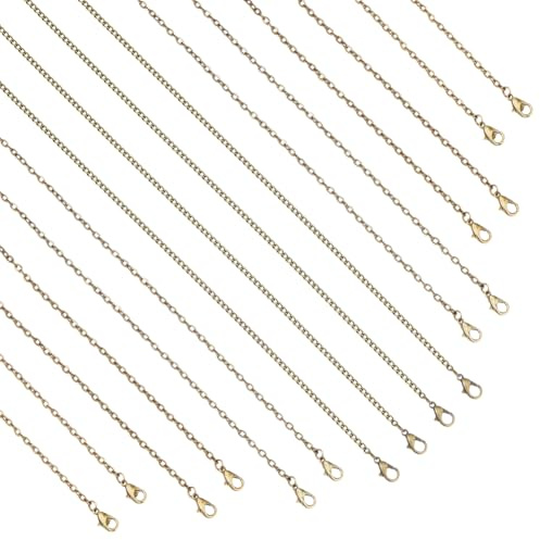 Hobbspring 16Pcs 4 Sizes Antique Bronze Chains Iron Necklace Chains Set Brass Cable Chains Pack Bronze Plated Chain Unwelded Findings with Lobster Clasps for DIY Jewelry Making Accessories