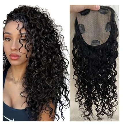Haar-Topper Haarteile Haarteile for Frauen, 20,3–55,9 cm lang, gewellt, lockig, 150 % Dichte, natürliches schwarzes europäisches Echthaar, 15 x 16 cm, Seidenbasis, Clip-In-Echthaarteile Haartopper für