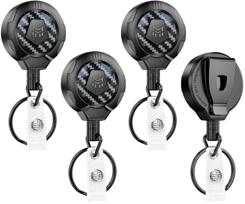 MNGARISTA Upgraded Heavy Duty Retractable Keychain with Belt Clip, 10 OZ Retraction, 31.5 Stainless Steel Cord Key Chain, 3K Carbon Fiber ID Badge Reel Holder with Badge Strap and Key Ring, 4 Pack