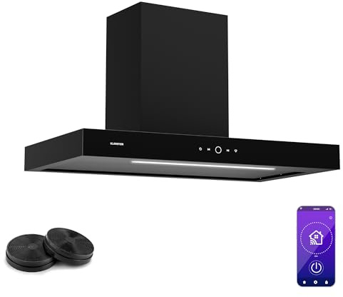 Klarstein SmartEdge Dunstabzugshaube - 90 cm Wandhaube, WLAN- & Touch-Steuerung, 530 m³/h Luftdurchsatz, A+ Energieeffizienz, LED-Beleuchtung, Flüsterleise 34 dB, Schwarz