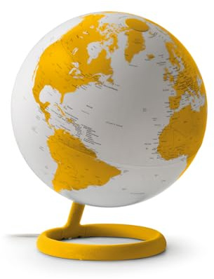 Tecnodidattica Atmosphere Evolve Velvet Ambra - Mappamondo dal Design Scandinavo con lampada a colori, Cartografia Politica in lingua inglese, Diametro 30 cm e Made in Italy