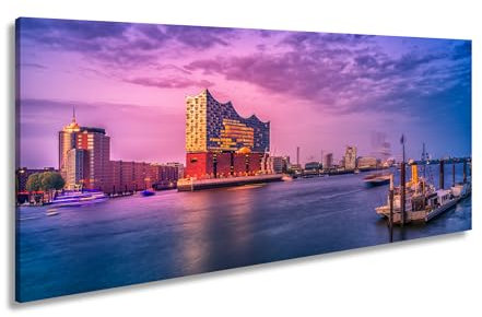 Leinwandbild Abendlicht küsst Hamburgs Hafen mit goldener Eleganz. Panorama 120x60cm XXL Kunstdruck Bild auf Keilrahmen/Wandbild/Wohnzimmer Dekoration