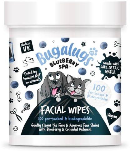 Bugalugs Dog Face Wipes for Dogs, Blueberry Spa Facial tear stain remover for dogs eyes Brightens & Refreshes pets faces (100 Facial Wipes)