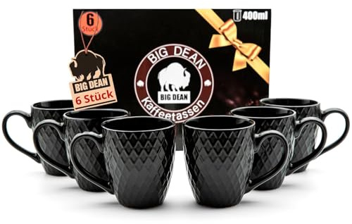 BigDean 6 Kaffeetassen 400ml schwarz matt Kaffeebecher Keramik Hochwertig | Tassen Set in Geschenkbox