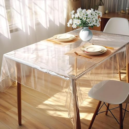 DIKARIYA Tischdecke Transparent Abwaschbar Tischfolie Durchsichtige 140x350 | Durchsichtig Tischdecke Plastik Tischdecken Transparent Wasserdicht Fettdicht Tischschutzfolie für Hochzeit Indoor Outdoor