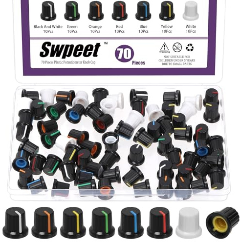 Swpeet 70Pcs 7 Colors 15x14mm D Type Potentiometer Control Knob Assortment Kit, Plastic Potentiometer Volume Control Rotary Knob, 6mm Knurled Shaft Insert Potentiometers Rotary Knob