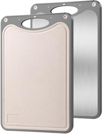 RISON-Titanium Planche à Découper en Titane 38.3x26.5cm, Planche Cuisine Double Face avec Rainures de Jus Poignées Antidérapantes, Planchette épaisses Antibactérienne pour Viande, Fruits, Légumes