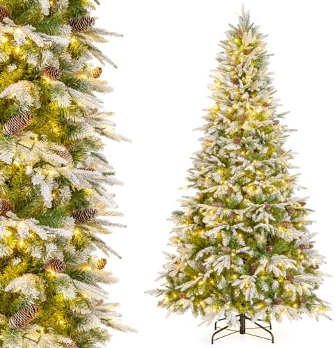 RELAX4LIFE Árbol de Navidad de 225 cm, árbol de Navidad nevado con 470 luces LED y 81 piñas, efecto realista, base metálica, decoración interior para fiestas (225 cm)