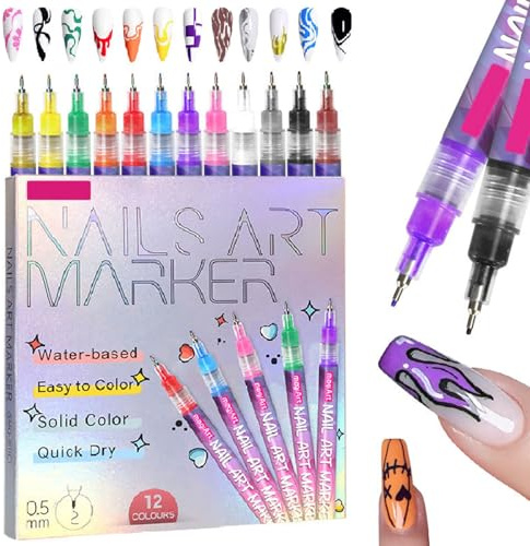 12 Colors Nail Art Pens Set - Upgrade Quick Dry Nail Art Markers for Gel Nails, DIY Graffiti Dotting Point Liner Pens, Nails Art Drawing Tool, Fine Tips 3D Nail Polish Pens for Painting, Nail DIY