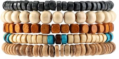 QKEOISUD Wooden Bead Bracelet for Men Women,Stacked Natural Wood Bead Bracelet Set,Bohemian Style Ethnic Tribal Bracelets,Perfect for Casual Outdoor Party Wear