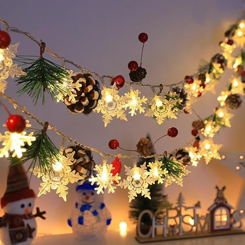 LED Lichterkette Batterie Weihnachten, Lichterkette Weihnachten Warmweiß 2M 20 LED Lichter mit Schneeflocken Tannenzapfen, Weihnachtsdeko Lichterketten für Außen, Innen, Balkon, Fenster (A)