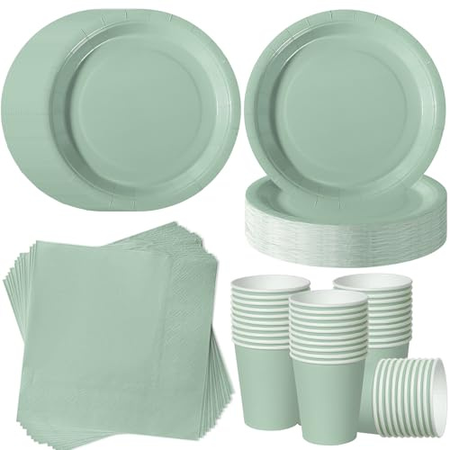 ZblPyro 120 Stück salbeigrün Partygeschirr Set für 40 Gäste | 18cm Pappteller grün, Pappbecher, Servietten, für Boho Hochzeit, Gartenhochzeit, Gartenparty, Öko-Feste