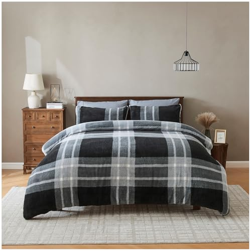 GC GAVENO CAVAILIA Luxury Fleece Duvet Cover with Pillowcases - Geometric Double Bedding Set - Soft, Warm Winter Teddy Duvet Set - Easy Care Comforter Bed Linen Double - (200x200 cm), Charcoal/Grey