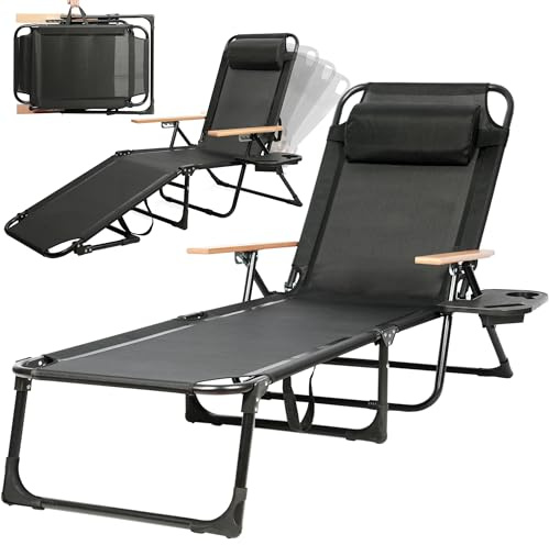T-ZBDZ Sonnenliege Klappbar Tragbar - 4-Fach Verstellbar Liegestuhl Gartenliege, Leicht Liege mit Kopfkissen Getränkehalter, Campingliege für Garten Terrasse Camping Outdoor bis 150 kg, Schwarz