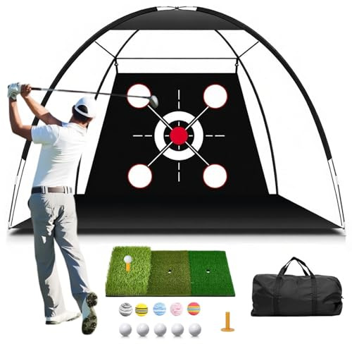 Red de prácticas de Golf con Alfombrilla, Kit de Entrenamiento portátil de 300x200cm con 3 Alfombrillas de golpeo, 10 Pelotas de Golf, Tees y Bolsa de Transporte para Uso en Interiores y Exteriores