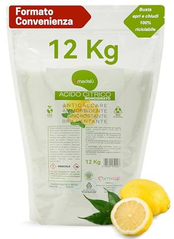 Acido Citrico per Pulizia in Polvere Cura Lavastoviglie e Lavatrice, Azione Disincrostante e Anticalcare per Bagno, Cassetta WC, Ammorbidente Lavatrice, per Pulizie Naturali (12 Kg)