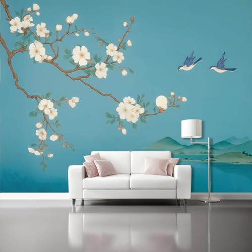 Carta Da Parati 200 x 140 cm（WxH,Fotomurali Minimalismo Fiori Uccelli Murale Alla Moda Decorazione Da Muro Poster Gigante Design Carta Per Pareti Camera Da Letto Blu