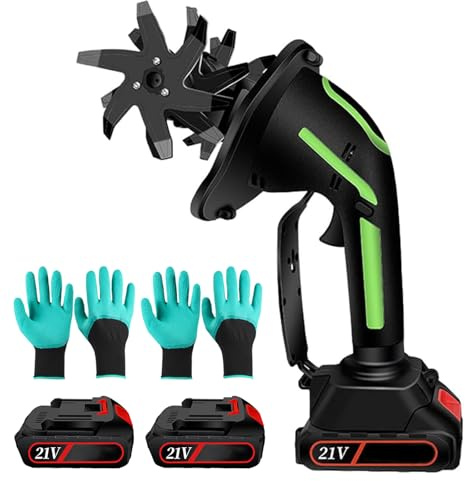 Cordless Soil Tiller, 235Rpm Electric Mini Garden Cultivator with 2 * 1.5Ah, 10cm Tilling Width and Depth, Handheld Rotavator for Farm, Yard and Lawn No-pole