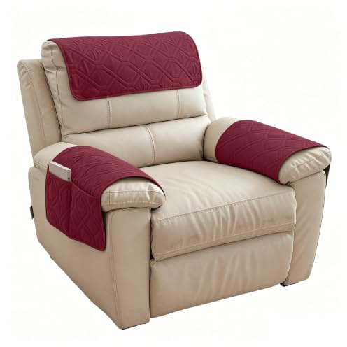 BOYIFEIJIE Sesselschoner mit Armlehne Und Taschen rutschfest Sesselüberwurf für Relaxsessel TV Sessel und Sofa Armlehnenschoner Schützt Vor Verschleiß Universal Passform (Rot)