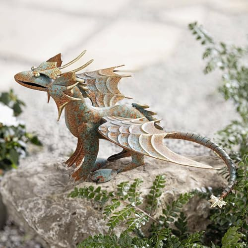 Dekoleidenschaft Figur Drache aus Metall blau/Gold mit Rost Finish, Gartenfigur 38x38x26 cm, Outdoor Gartendeko für Draußen