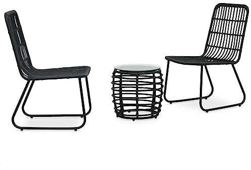 Qnhdfrt 3-TLG. Bistro-Set, Balkonmöbel aus Polyrattan, Sitzgruppe mit 2 Gartenstühlen und Couchtisch mit Glasplatte, robuste Gartenmöbel für Terrasse und Balkon, Schwarz