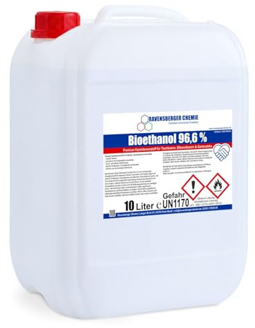 Ravensberger Chemie Bioethanol 96,6% - Premium Kaminbrennstoff für Tischkamin, Ethanolkamin, Gartenkamin & Dekorative Feuerstellen, Vergällter Ethanol Brennstoff, Farblos, 10 Liter