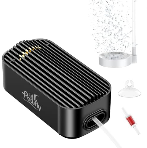 Pawfly akvarieluftpump, 303 l/h fiskbäckenluftpump | för bassänger upp till 265 L, tyst, justerbar, med slang, sten och ventil, luftare för fisk