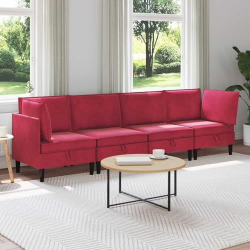 FWIKDUN Wohnzimmergarnitur mit Kissen 4-teilig Samt Weinrot gepolsterte Sitzgarnitur mit Stauraum Boxkissen-Design ergonomisch modernes Möbelset
