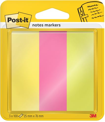 Post-it Notes Marker, 3 Blöcke (300 Blatt), 25 x 76 mm, Grün, Pink, Gelb | Zum Markieren, Hervorheben und Farbcodieren Wichtiger Informationen; Haftet Sicher, Repositionierbar und Beschreibbar