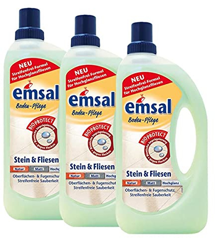 3x emsal Boden-Pflege Stein & Fliesen 1 Liter mitBioprotect Oberflächen & Fugenschutz