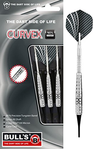 Bull's Curvex Soft Dart 18g, Barrel aus 90% Tungsten (Wolfram), Dartpfeile Set mit 3 Darts inklusive Soft Tips, Aluminium Shaft und 100 Micron Flight in Standard A-Shape, Silber, 17918