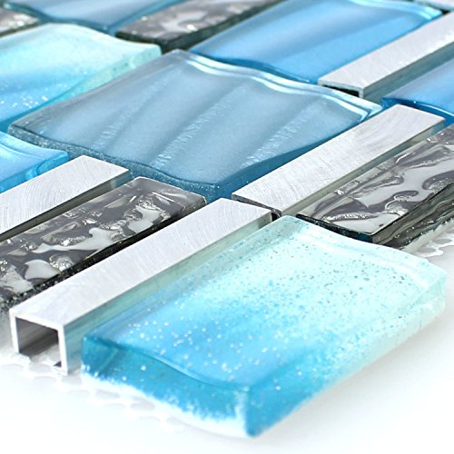 Glas Aluminium Metall Mosaik Fliesen Prag Blau Silber Mix Badezimmer Verkleidung