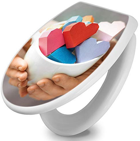 banjado Toilettendeckel mit Absenkautomatik 44,5x37cm / WC Sitz mit Absenkautomatik/Toilettensitz Duroplast mit Edelstahl Scharnieren/Klodeckel mit Absenkautomatik Motiv Tasse voller Herzen