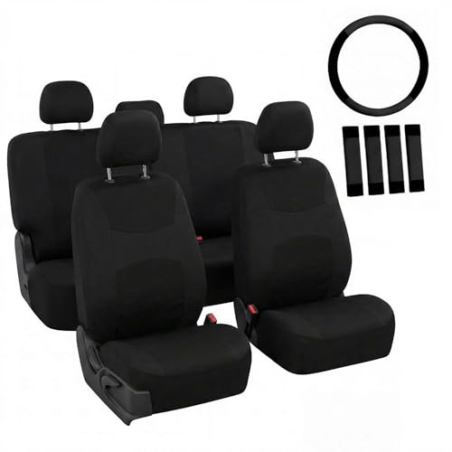 FH Group Full Set Cloth Car Seat Covers, Universal Fit Front and Split Bench Rear, Airbag Compatible, Washable for SUV, Sedan, Van - Black