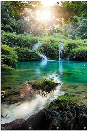 Wallario Outdoor-Poster für Garten oder Balkon Türkisgrüner See im Nationalpark in Guatemala, Motivbanner Größe: ca. 120 x 180 cm, Outdoor-Bild