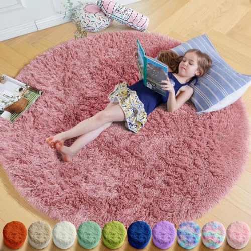 Flauschiger Runder Teppich für Schlafzimmer, Kinderzimmer, Mädchenzimmer, Schlafsaal - Pelziger Plüschteppich, Niedliche Raumdekoration für Baby, 152 x 152 cm