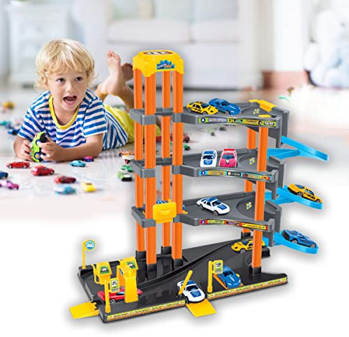 koolbitz Kids 4-Storey Car Parking Lot and Garage Playset Toy with Lift, Spiral Ramps, Fuel Station, Service Area and 4 Cars, 4 Floors of Parking Garage Pretend Play for Boys and Girls ages 3+
