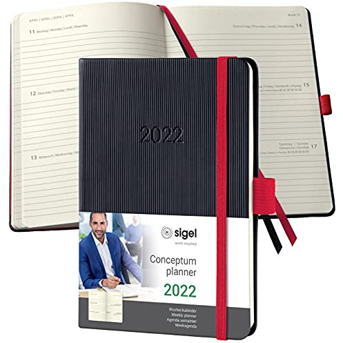 SIGEL C2209 Terminplaner Wochenkalender 2022 - ca. A6 - schwarz, rot - Hardcover - 176 Seiten - Gummiband, Stiftschlaufe, Archivtasche - PEFC-zertifiziert - Conceptum