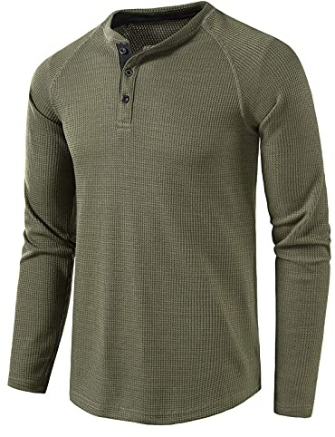 MakingDa Mens Waffle Henley Shirt Long Sleeve Lightweight Casual Outdoor Henley Top Slim Fit Collarless Button Neck Grandad Shirt Army Green