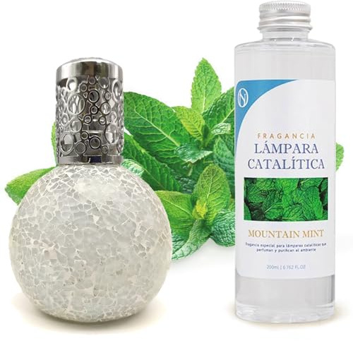 Pack Ahorro Lámpara Catalítica Mosaico Blanco + Fragancia Aroma Mountain Mint 200ml. Elimina malos olores e impurezas, perfuma y limpia.